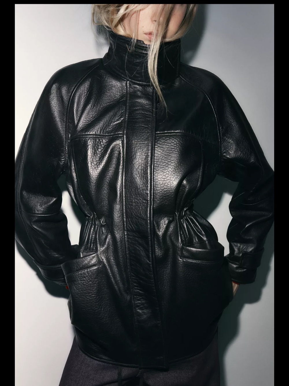 Zara Black 100%  leather  High-Neck Jacket adjustable waist . NWT size xs/ s